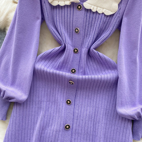 Doll Collar Single-breasted Knitted Dress
