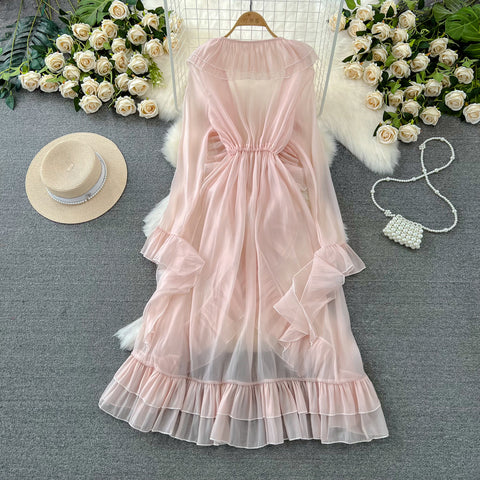 Fairy Deep V-neck Ruffled Mesh Dress