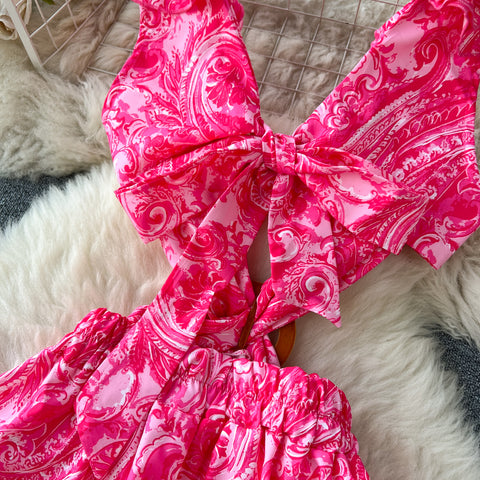 V-neck Backless Ruffled Floral Dress