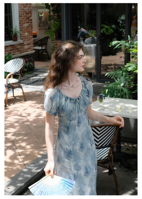 Romantic Printed Drawstring Dress