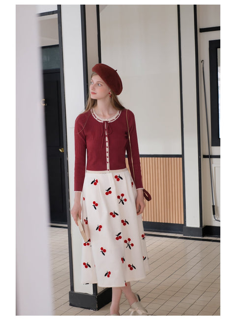 Short Cardigan&Cherry Printed Skirt 2Pcs