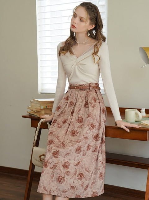 Knitted Shirt & Velvet Rose Skirt