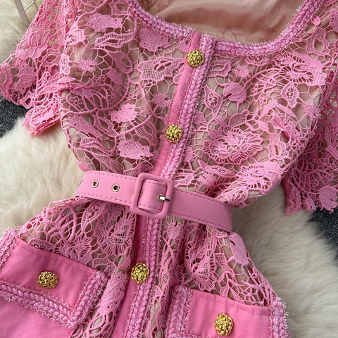 Pink Lace Embroidered Hollowed Dress