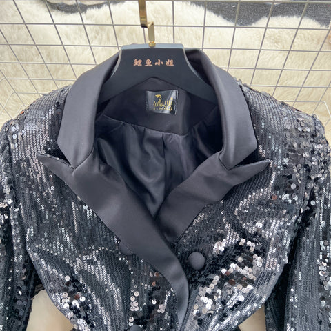 Sequin Feather Decorated PU Suit Jacket