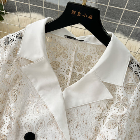 Suit Collar Double-breasted Lace Dress