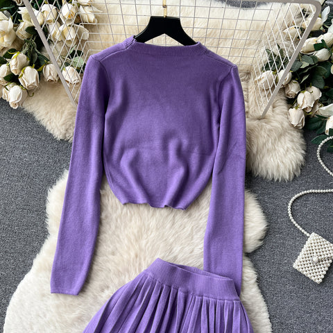 Round-collar Sweater&Skirt Knitted 2Pcs