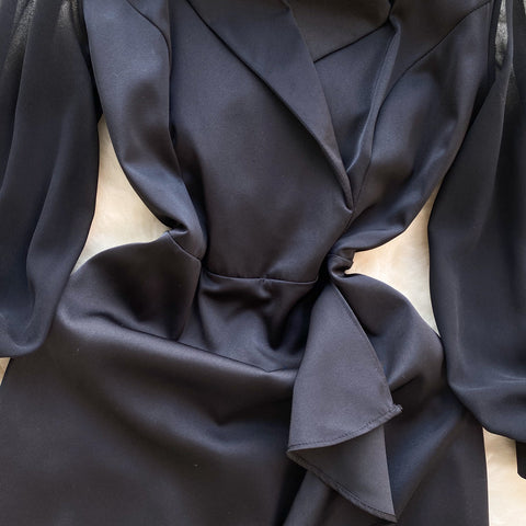Suit Collar Ruffled Black Dress