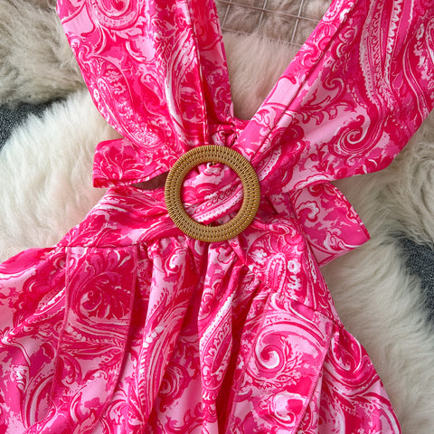 V-neck Backless Ruffled Floral Dress