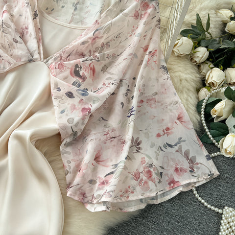Fairy Pink Floral Faux Two-pieces Dress