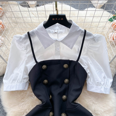 Bubble-sleeve Blouse&Halter Pleated Dress