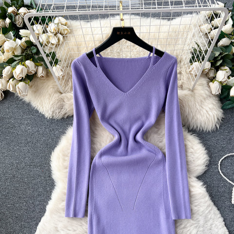Hollowed Slim-fitting Knitted Slip Dress