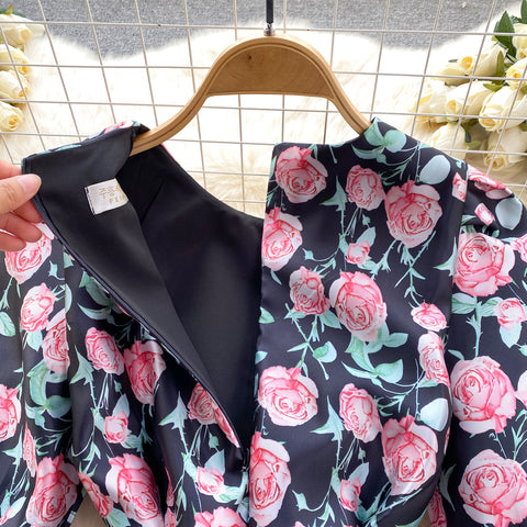Vintage Lace-up Rose Printed Dress