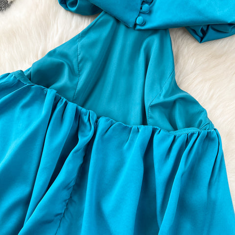 Hollowed Blue Satin Halter Dress