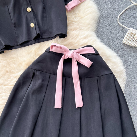Cutie Lapel Shirt&Pleated Skirt 2Pcs