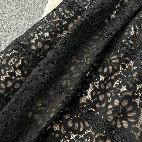 V-neck Black Lace Hollowed Dress