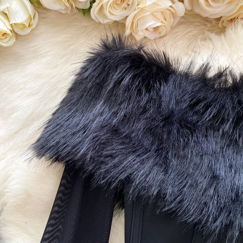 Furry Cuff Off-shoulder Black Top