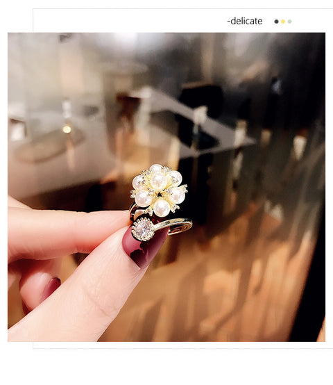 Flower Pearl Zirconia Elegant Ring