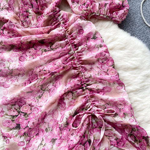 Pink Pleated Drawstring Floral Dress