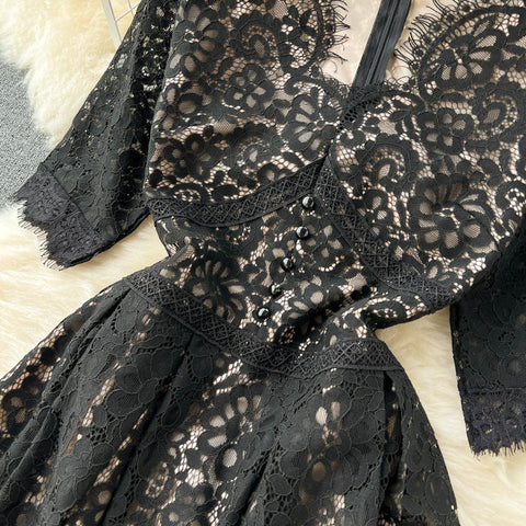 V-neck Black Lace Hollowed Dress