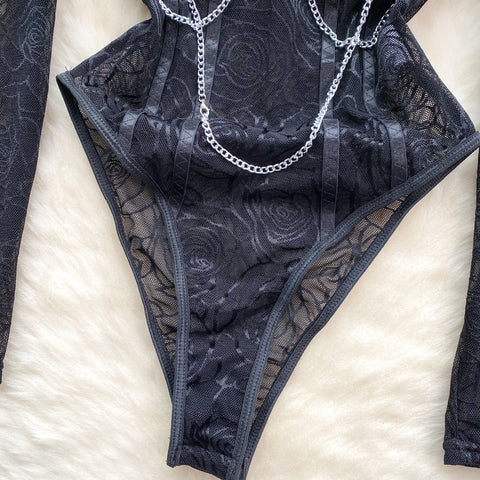Black Rose Embroidered One-piece Lingerie