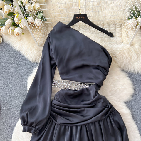 Slant Neck Split Black Dress