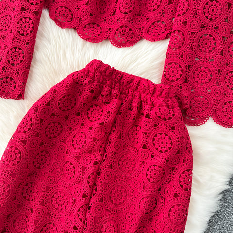 Hollowed Lace Top&Half-body Skirt 2Pcs