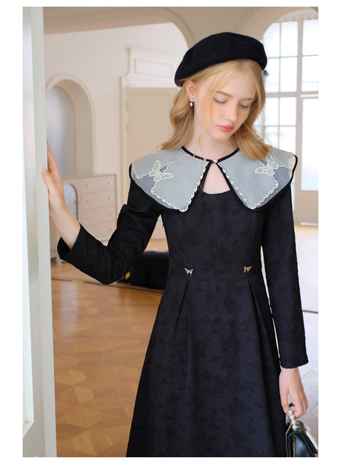 Butterfly Lace Collar Black Dress