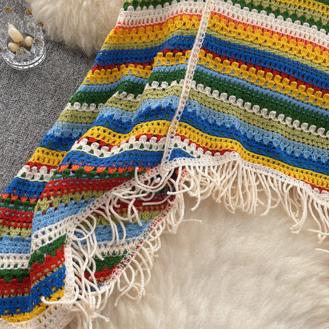Colourful Striped Hollowed Fringed Knitwear