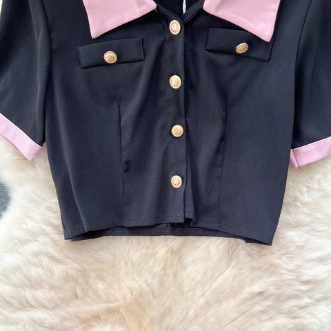 Cutie Lapel Shirt&Pleated Skirt 2Pcs