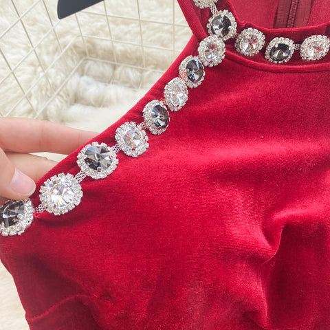 High-end Rhinestone Studded Halter Dress