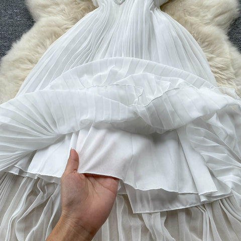 High-waist Pleated White Chiffon Dress