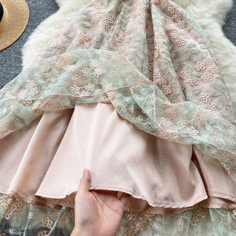 Embroidered Mesh Puff Sleeve Dress