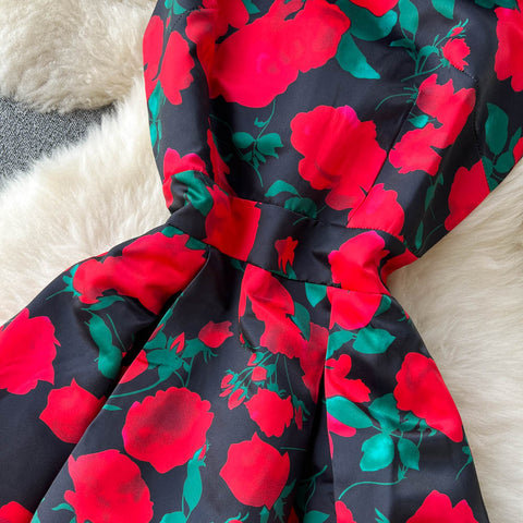 High-end Red Rose Printed Sleeveless Dress