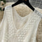 V-neck Hollowed Knitted White Dress