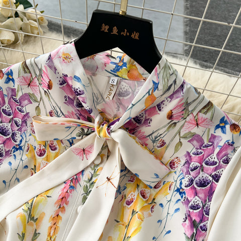 Courtly Floral Bow-tie Shirt Dress