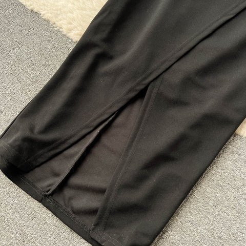 Beaded Patchwork Split Black Dress