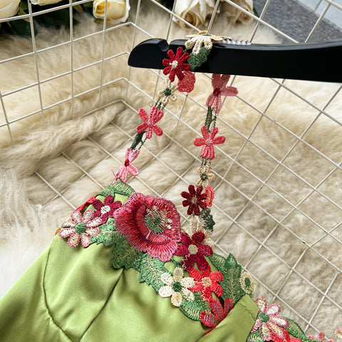 Embroidered Flower Satin Slip Dress