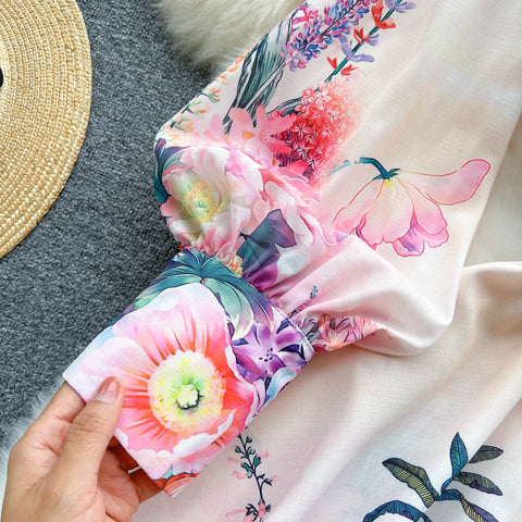 Colorful Floral Ruffle Shirt Dress