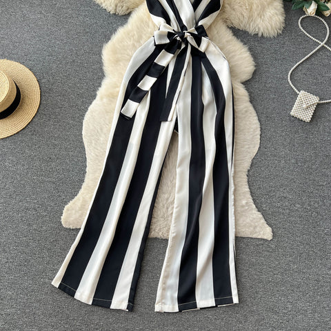 Vintage V-neck Sleeveless Striped Jumpsuit