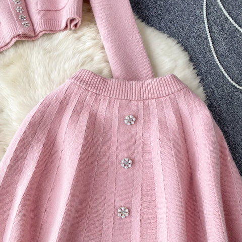 Tweed Cardigan&Pleated Skirt Knitted 2Pcs