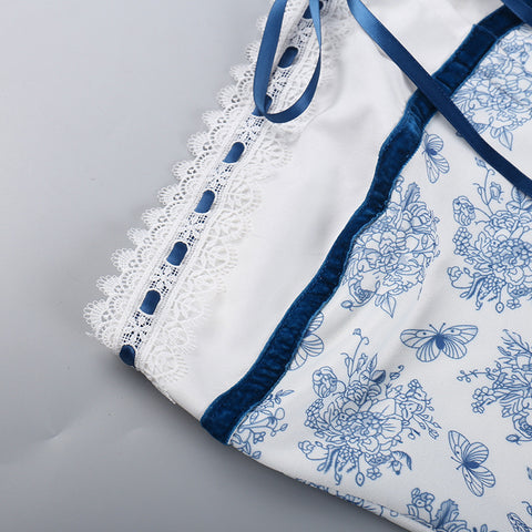 Off-shoulder Blue Floral Printed Dress
