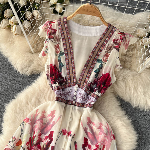 Ethnic Style V-neck Floral Layered Dress