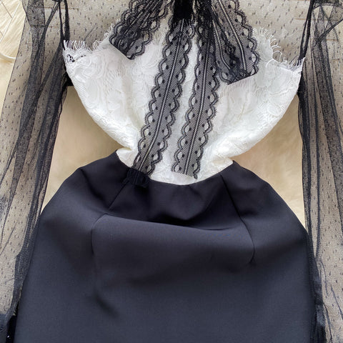 Lace Patchwork Bow-tie Black Dress