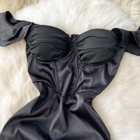 Off-shoulder Black Satin Party Dress