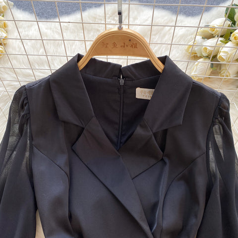 Suit Collar Ruffled Black Dress
