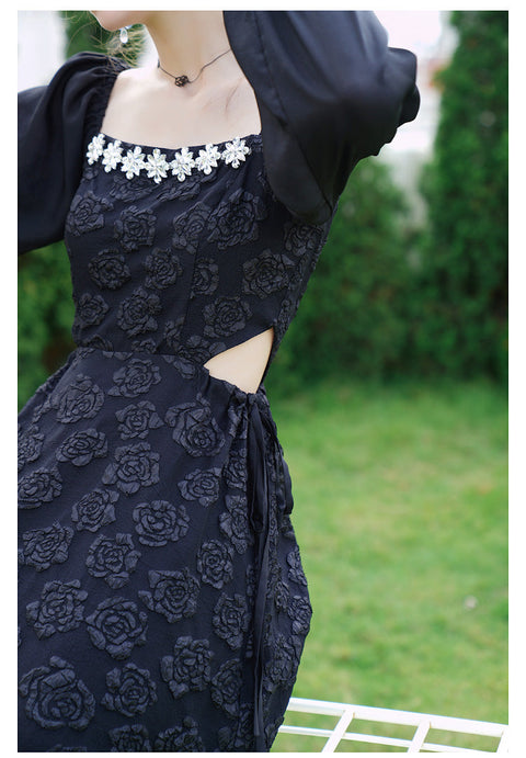 Rose Printed Hollow Out Black Dress