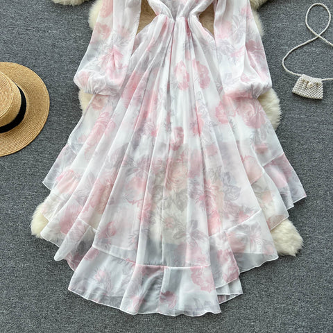 Sweet Square-neck Ruffle Printed Dress
