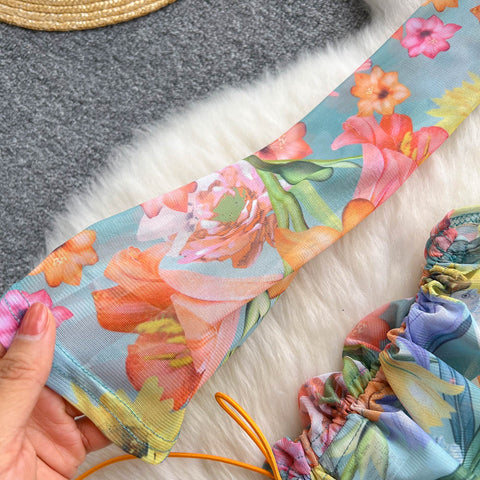 V-neck Top&Drawstring Skirt Floral 2Pcs