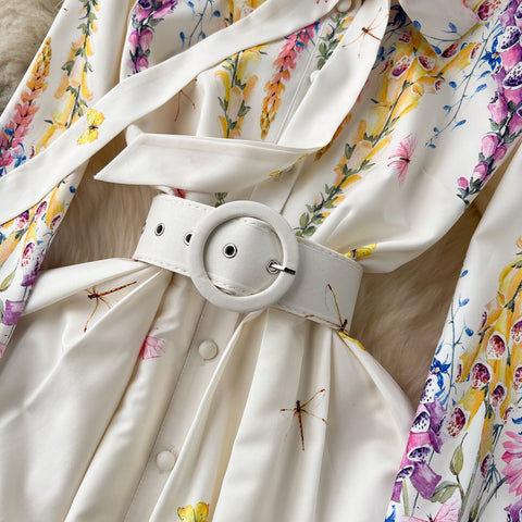 Courtly Floral Bow-tie Shirt Dress