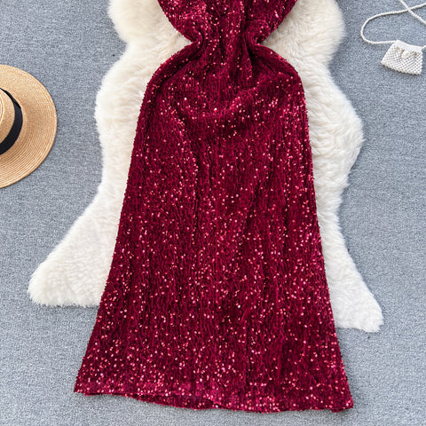 French Style Sequined Suede Slip Dress